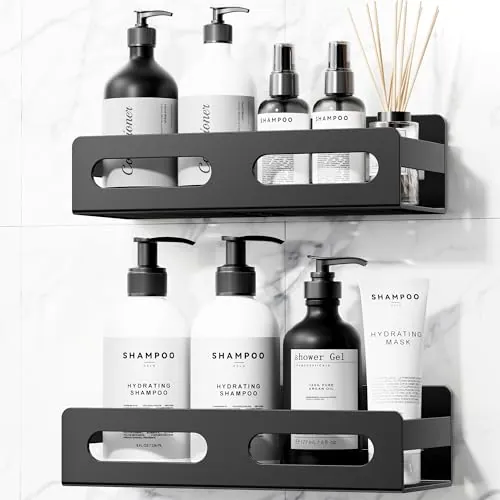 AIKER Estanteria Baño,Versión Mejorada del Diseño Originalhermosa/Gruesa/Super Buena/Estable Estanteria Ducha Sin Taladro,Acero Inoxidable Sus 304 Estanteria Baño Autoadhesivo Y Pre-Perforado (Negro)