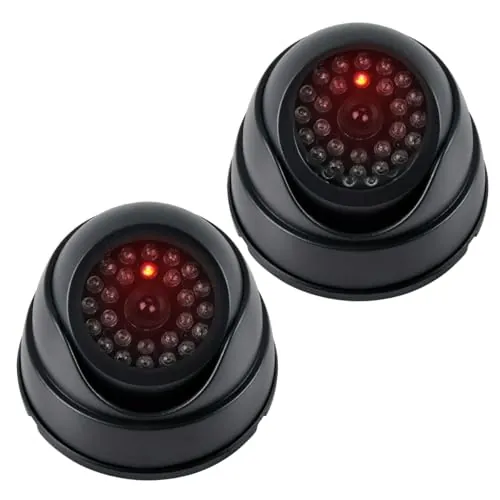 BUYGOO 2 piezas de cámara falsa, cámaras domo de seguridad CCTV falsas, cámara de vigilancia falsa con LED rojo parpadeante, cámaras de vigilancia falsas, cámara falsa para interior y exterior