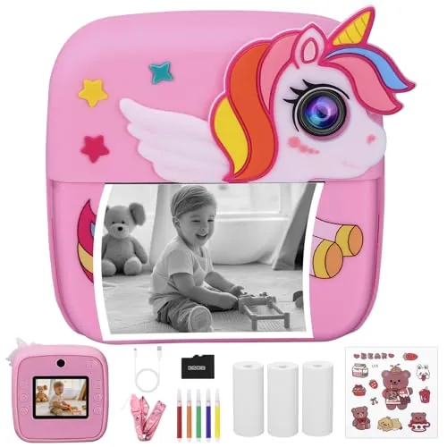 Camara Fotos Infantil instantanea Unicornios, 2,4" HD 1080P Cámara Instantánea para Niños con Tarjeta de 32G Bolígrafos de Colores y Papel de Impresión, Niños y Niñas de Años Regalos de Cumpleaño