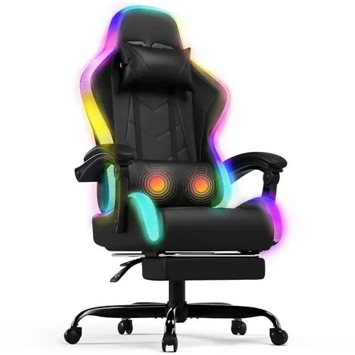 Devoko Silla Gaming con Masajeador y LED, Silla de Oficina Ergonómica con Reposapiés, Sillas Gaming para Oficina y Juegos con Iluminación RGB（Negro）