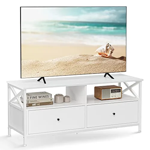 VASAGLE Mueble de TV, Mesa de TV de hasta 55 Pulgadas, con 2 Cajones y 2 Compartimentos Abiertos, 120 x 40 x 50 cm, para Salón, Dormitorio, Marco de Acero, Blanco LTV300B46