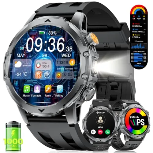 1,53"Reloj Inteligente Hombre, Llamadas Bluetooth, 1000 mAh, Negro Gris