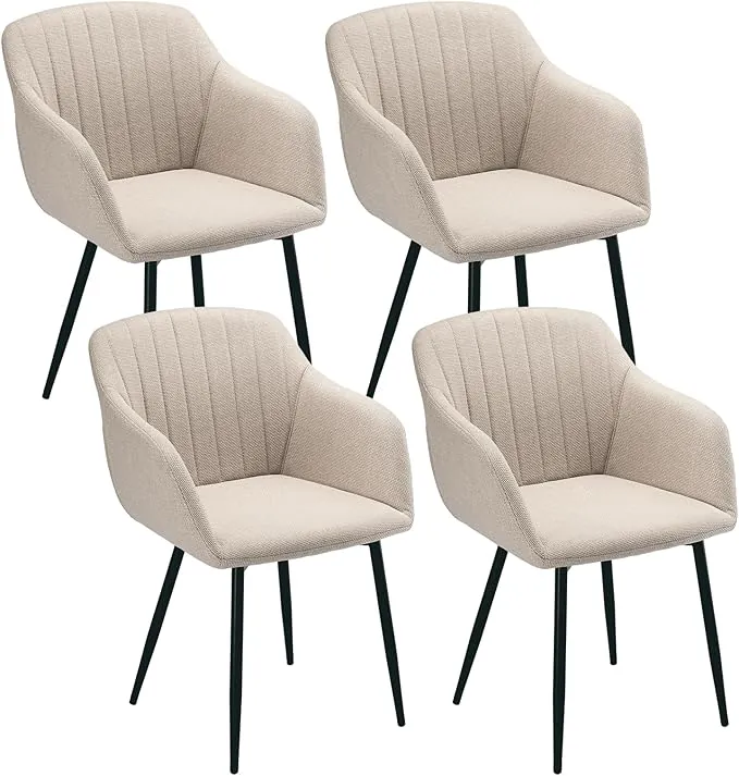Sillas de Comedor Beige con Reposabrazos Pack 4, Sillas Tapizadas en Lino con Patas Metálicas, Estilo Moderno para Comedor y Salón