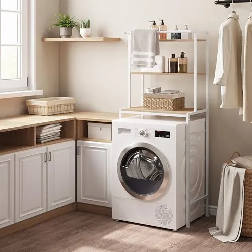 EUGAD Estanteria sobre Inodoro, con 3 Estantes, Estanteria Alta de Almacenaje Baño, Mueble sobre Lavadora con Barra de Colgar, Roble Claro+Blanco, 67x40x162 cm