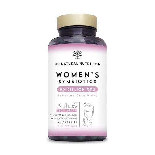 Probioticos Mujer + Flora Intima. 1 capsula/Día para 2 Meses. 50 Mil Millones UFC y 17 Cepas. Formula Complex con Hierro, Arándanos y Acido Fólico, Salud Digestiva e Intima. N2 Natural Nutrition