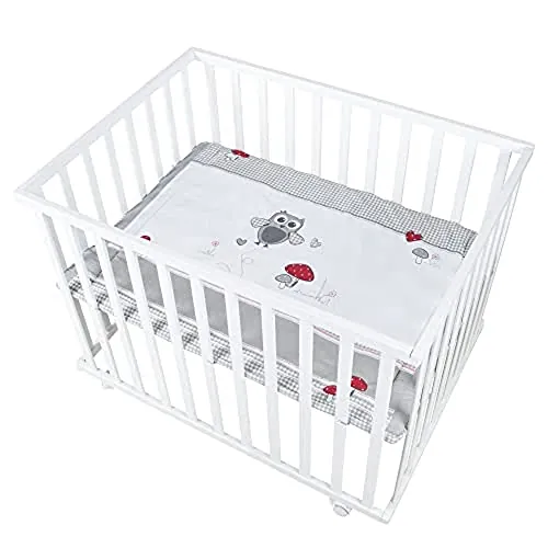 roba Parque Infantil Rectangular 75 x 100 Adam y Eule + Colchoneta y Ruedas con Freno - Base Ajustable en Altura - Madera Blanca