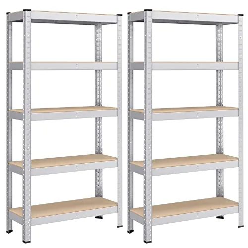 SONGMICS Heavy Duty Shelving Unit, Juego de 2, 5 Levels, 150x75x30 cm | Estanterías Pesadas, Montaje sin Tornillos, Quick Assembly, Garage, Warehouse, Storage Room, Load 650 kg, Plateado, GLR032E01
