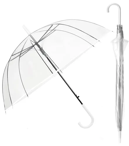 Paraguas de Campana Largo Transparente Resistente al Viento con 8 Varillas de Fibra de Vidrio, Mango Curvado, Ligero y Portátil, Protección Contra la Lluvia, Ideal para Bodas, Viajes y Uso Diario