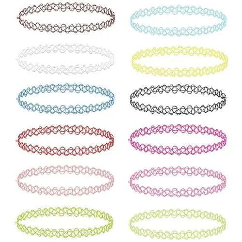 SkyGad Juego de 12 Collares Tatuajes 90s Accesorios 80s Estilo Vintage 2000s Joyas, Talla Única Mujer Adolescente Niña, Collar Elástico Multicolor para Mujeres, Adolescentes y Niños
