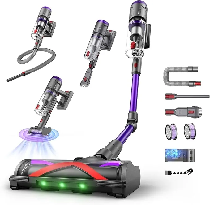 Aspiradora Sin Cable 58kPa/600W/75Min, Escoba Aspiradora sin Cable con Brazo Flexible, Manguera de 1m, Aspiradora Antiácaros para Colchones, Ideal para Suelos, Alfombras y Pelo de Mascotas