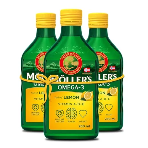 Moller’s ® | Aceite de hígado de bacalao | Complemento dietético con omega-3 EPA, DHA y vitaminas A, D y E | Sabor Limón | 250 ml x 3