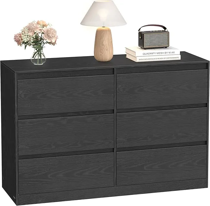 VASAGLE Colección Kailyn - Cómoda de 6 Cajones para Dormitorio, Armario de Almacenamiento, Mueble para Ropa, 40 x 119,4 x 75 cm, Estilo Moderno, Negro Ébano LTS616B01