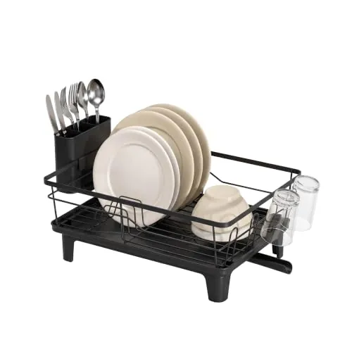 Amig - Escurreplatos Platz - 47 x 34,4 x 22,3 cm - Acero y Polipropileno con Recubrimiento - Color Negro - Escurridor con Bandeja de Drenaje y Portacubiertos - Escurridor con Bandeja para Goteo