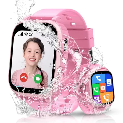 4G Reloj Inteligente Niño con GPS y Llamadas, Smartwatch Niños Llamadas Videollamada Teléfono SOS Chat SMS Juego Despertador IP68 Impermeable Modo Clase Localizador, Reloj GPS Niños Estudiante Regalo