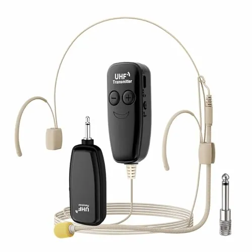 Micrófono inalámbrico de Diadema, Sistema de Altavoces UHF con Tono de Piel, Amplificador de Voz Beige, Alcance de 50m, para Profesores, Guías Turísticos, Entrenadores de Fitness y Conferencias