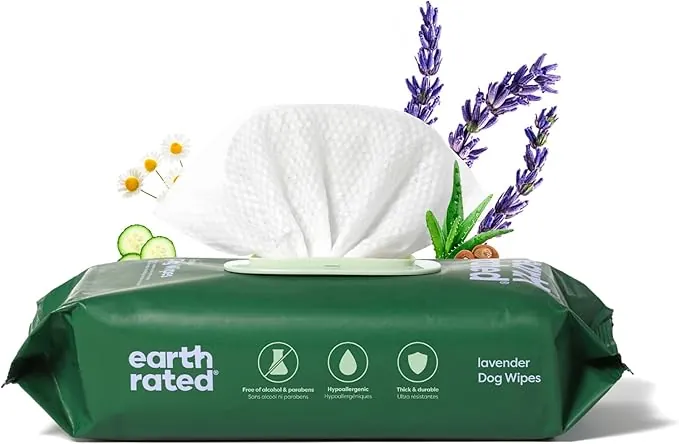 Earth Rated Toallitas hipoalergénicas para Perros, para Limpiar y Eliminar olores de Patas, Cuerpo y Trasero, Cachorros y Perros Adultos, Aroma a Lavanda, 100 Unidades
