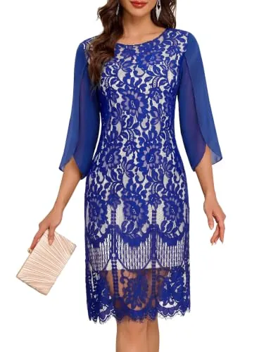 Fashora Vestido Mujer Elegante Vestidos Fiesta Coctel (Azul, S) | Vestido de Manga 3/4, Cuello Redondo, Ropa Fiesta para Navidad, Vestidos para Invitada, Vestido de Encaje, Festivo