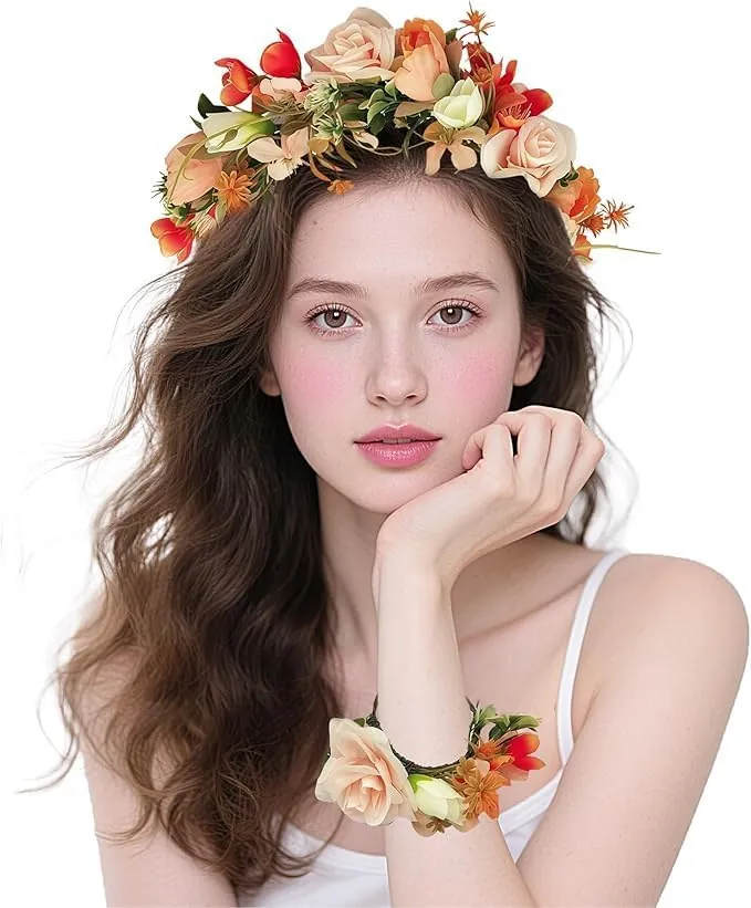 Corona de Flores Mujer,Flor Corona Diadema Con Pulsera,Diadema de Flores Para Dama de Hono,para Fiesta Festival Playa Travle Nupcial Boda Blumenkranz Blume Krone