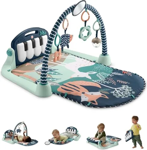 Fisher-Price Gimnasio Piano Kick & Play para Bebé, Navy Fawn | Alfombra lavable, piano musical, 5 juguetes sensoriales, recién nacidos 0+, JMN75