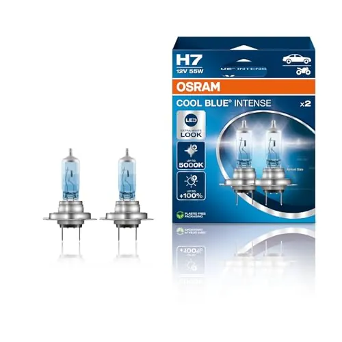 OSRAM COOL BLUE INTENSE H7, +100% más de brillo, hasta 5.000K, lámpara de faro halógena, aspecto LED, caja plegable colgante (2 lámparas)