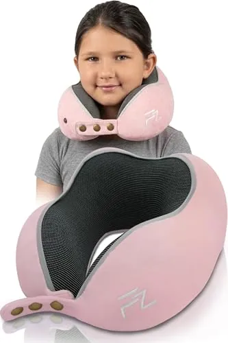 FLOWZOOM Comfy Kids Almohada de Viaje para Niños Mayores de 6 Años – Cojín Ajustable con Funda Suave y Lavable – Cojín de Viaje Viscoelástica para Coche, Tren y Avión - Rosa, Talla M (6-10 Años)