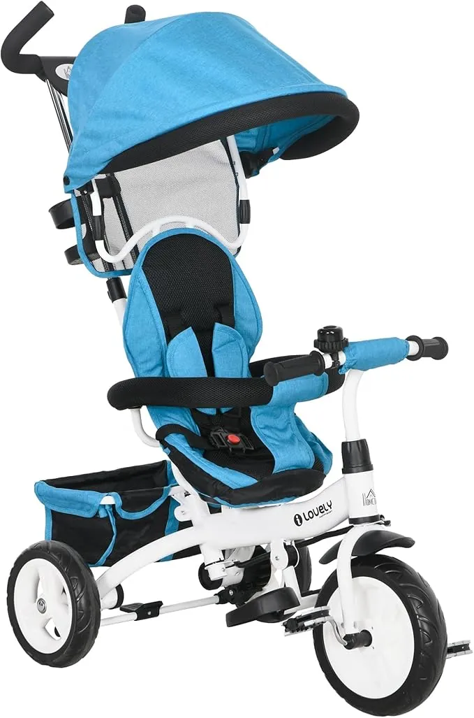 HOMCOM Triciclo Evolutivo para Bebés 6 en 1 Triciclo para Niños de 1-5 Años Bicicleta para Niños con Toldo Plegable Mango Telescópico Desmontable Cinturón de Seguridad y Cesto 95x50x106 cm Azul