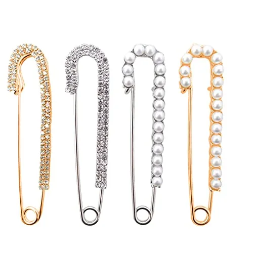 PLABBDPL 4 Piezas de Imperdibles Broches de Mujeres Clips de Chal Suéter de Cristal y Perla, 2 Estilos