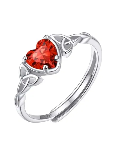 ChicSilver Anillo Circonita Corazón Mujer Plata de Ley 925 Nudo Celtico Irlandes Piedra de Nacimiento Julio Rubí Rojo Banda Delgado Talla Ajustable Madre Pareja