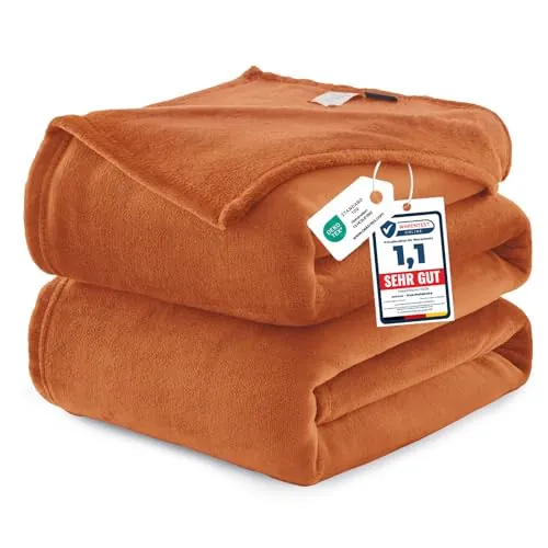 WAVVE Manta Franela Reversible para Cama 135/150, Manta Naranja Grande para Sofá, Sobrecama Suave, Cálida, Transpirable 220x240 cm