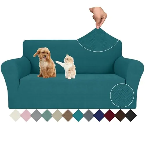 Ystyle Funda Sofa 2 Plazas Ajustable, Fundas para Sofa Elasticas, Funda De Sofa Anti Gatos Perros, Sofa Cover con Reposabrazos, Jacquard Fundas Cubre Sofa Ntideslizante Lavable, Verde Oscuro