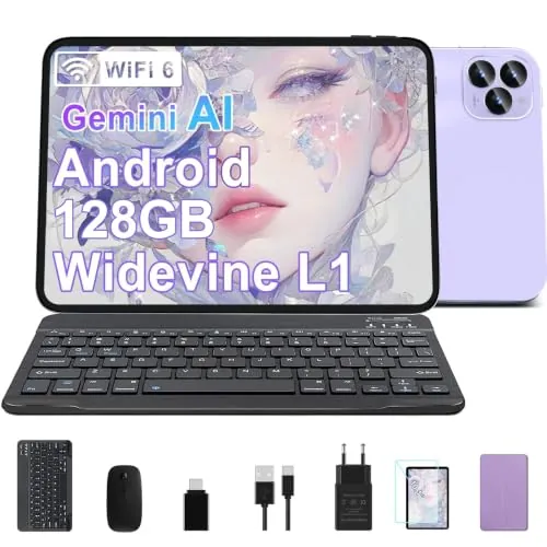 SUAAT 2026 Tablet de 10 pulgadas, Android 15, Octa-Core, 22GB RAM + 128GB ROM (2TB TF) | WiFi 5G + 2.4G | GPS | Bluetooth 5.0 | 8MP + 5MP | Tipo-C, pantalla táctil, teclado y ratón - púrpura