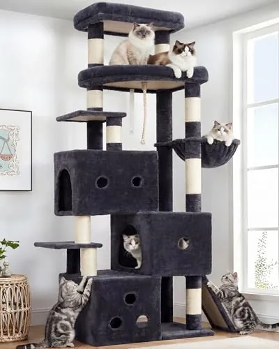 Heybly Rascador para Gatos XXL, 188 cm Árbol Rascador para Gatos Grandes, Torre de Múltiples Pisos, 3 Cuevas Escalonadas, Amplias Perchas Descanso, Postes y Tablas de Sisal, Gris Humo HCT061G