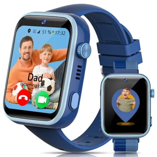 AIMIUVEI 4G Reloj Inteligente Niño con Llamadas, Videollamadas, Chat de Voz, Whatsapp, WiFi, GPS, SOS, SMS, Impermeable IP68, Modo Escuela y Podómetro, Smartwatch Niños con Pantalla HD de 1.83'' Azul