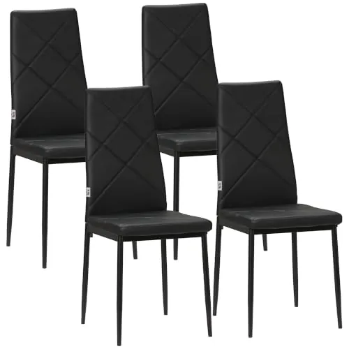 HOMCOM Pack de 4 Sillas de Comedor Respaldo Alto Asiento Acolchado Negro | Sillas de Cocina Modernas, Tapizadas de Cuero Sintética, Patas de Acero