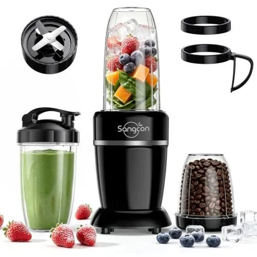 Sangcon - Licuadora de 1000 W para batidos, potente licuadora de 22000 RPM para cocina con 3 tazas + 2 tapas de boquilla + 1 tapa de almacenamiento + 1 tapa para llevar, licuadora portátil para