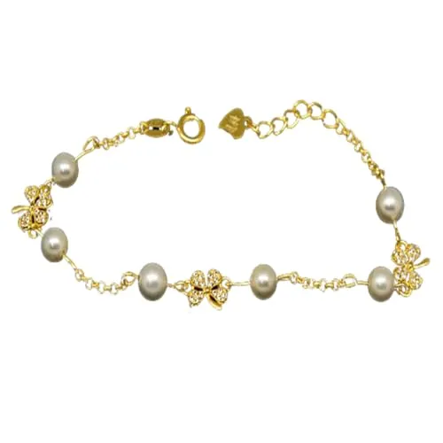 Minoplata Pulsera trébol de Plata chapada dorada con Perlas niña comunión