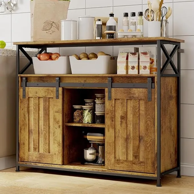 Aparador de Cocina con 2 Puertas Correderas, Mueble de Almacenamiento con Estantes Ajustables, 100 x 33 x 80 cm, para Salón, Cocina y Pasillo (Retro)