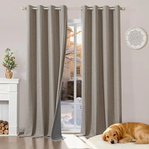 Runyéla 100% Cortinas Opacas Lino Termicas para Dormitorio y Salon 2 Piezas | 140x245cm, Lino, Ojales, Aspecto Lino, Aislantes de Frío y Calor, Reducción Luz, Mayor Privacidad, Acústico Eficaz