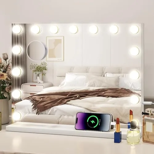 YU YUSING Hollywood - Espejo de Maquillaje con iluminación, 15 Luces LED Regulable, 3 Modos, Espejo de baño, Espejo de Pared, Espejo de Pared con 10 aumentos para Dormitorio, tocador