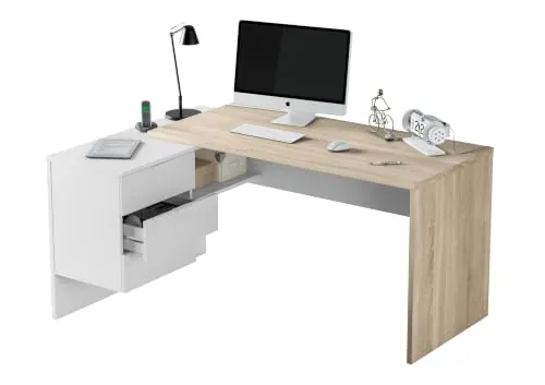 Habitdesign Mesa de Escritorio Reversible con Cajonera, Modelo Office BUC, Mesa de Oficina o Despacho, Modelo Office, Acabado Blanco Artik y Roble Canadian, Medidas: 145x102x73 cm
