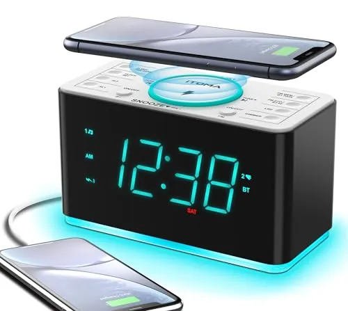 iTOMA Radio Despertador con Carga inalámbrica, repetición, Bluetooth, Doble Alarma, atenuador de Pantalla LED, luz Nocturna CKS207