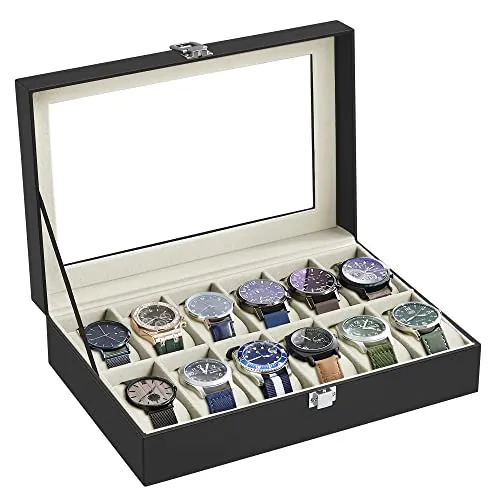 SONGMICS Caja de Relojes con 12 Compartimentos, Tapa de Cristal