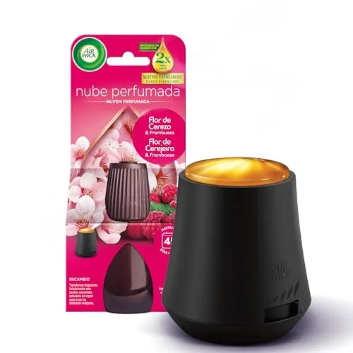 Air Wick Essential Mist, Ambientador difusor de aceites esenciales que brilla al liberar vapor, con aroma a Flor de Cerezo y Frambuesa infusionado con 2 veces más aceites esenciales