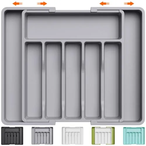 Lifewit Organizador de Cubiertos para Cajón Cocina, Bandeja para Menaje Extensible, Cubertero Compacto para Almacenar Cucharas, Tenedores y Cuchillos, Ancho 33-57 x Fondo 38 cm, Lote 1, Gris