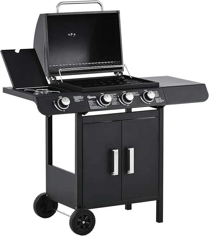Outsunny Barbacoa de Gas BBQ con Ruedas Parrilla Gas con 3+1 Quemadores de 11,6 KW 2 Mesas Laterales y Termómetro Acero 110x50x100 cm Negro