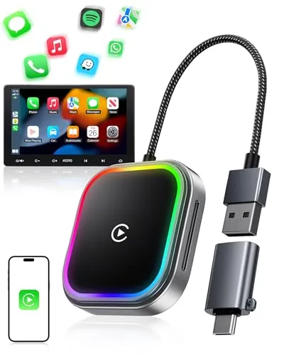 Adaptador CarPlay y Android Auto Inalámbrico, Bluetooth 5.3, WiFi 6 | con Luz RGB, Doble Banda 2,4~5,8 GHz, Conexión Rápida & Estable, 2 In 1, für Apple iPhone iOS 10+, Android 11+