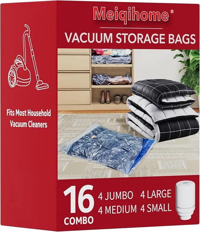MEIQIHOME Juego de 16 Bolsas de Vacío con Bomba Eléctrica – 4J/4G/4M/4P – Bolsas de Compresión para Ropa, Ideal para Mudanza y Viaje