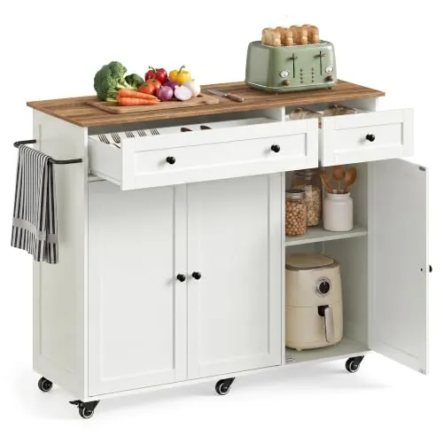 VASAGLE Iisla Cocina, Carrito con Ruedas, 106,8 x 40 x 89,2 cm | 2 Cajones, 3 Puertas y Estantes Ajustables, Blanco, Estanteria Cocina para Comedor, Colección SIREN KKI015WB01