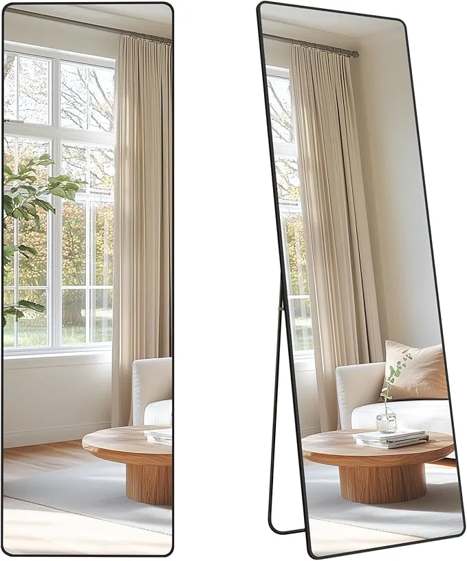 SONGMICS Espejo de Cuerpo Entero, 160 x 50 cm, Espejo Rectangular con Soporte, con Marco de Aleación de Aluminio, Cristal Templado, para Dormitorio, Salón, Vestuario, Navidad, Negro Tinta LFM030B01