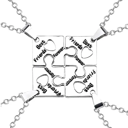 LEEQ Conjunto de 4 Collares de Puzzle y Llaveros de Acero Inoxidable con Grabado Best Friends Forever - Joyas BFF Regalo para Mujeres y Niñas